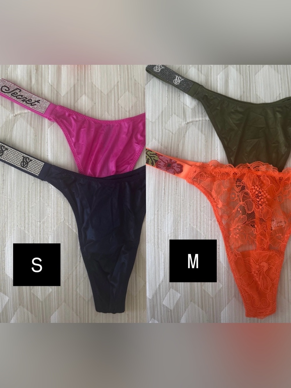 Victoria's Secret Bikini & Lace Thong Set — Fuchsia, Black, Olive & Orange